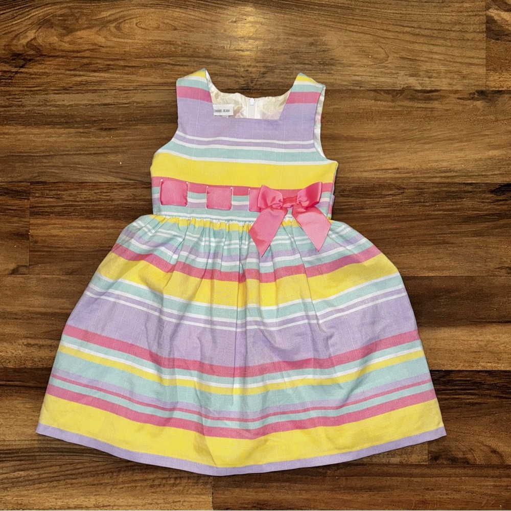 Bonnie Jean Pastel Striped Girls Dress with Pink Bow Size 6